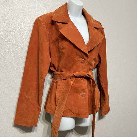 Vintage 90s Wilsons Leather Rust Orange Belted Suede Leather Jacket City Chic - Picture 3 of 8